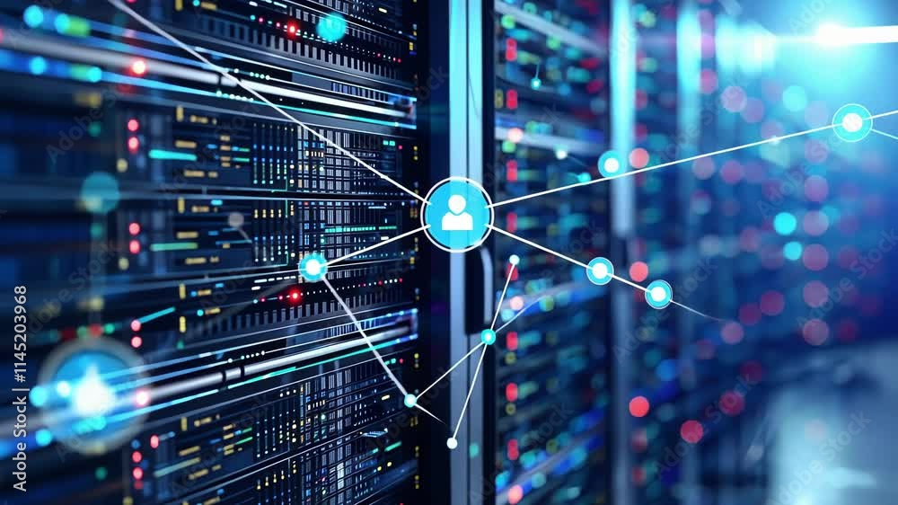 Aufkleber data center server room showing network connectivity and processing big data with bokeh effect and n