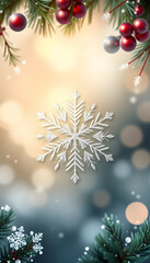 Fototapeta premium Seasonal Background with Elegant Frosty Snowflake. Christmas Banner with copy-space, pop art. isolated with white highlights
