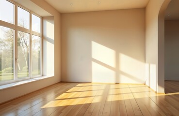 Obraz premium Empty room with view. Sunlight streams through large window. Shadows from window illuminate light-colored wooden floor. Room bright, airy. Exterior view of garden, trees. New house apartment