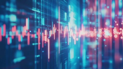 Graph of glowing big data forex candlesticks on a blurry city background. Trade, information technology, financial analysis and investment concept.