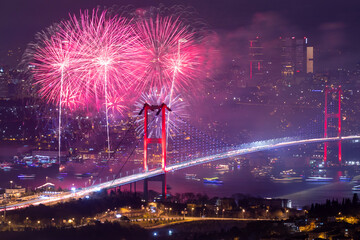 ISTANBUL, TURKEY. New Year 2024 Celebrations Around the Istanbul. Fireworks with Istanbul Bosphorus...