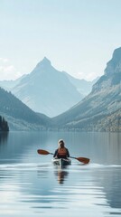 beautiful woman on her back in a kayak on a large lake surrounded by mountains with copy space vertically 9:16
