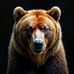 Adult brown bear portrait. Closeup view of powerful Kamchatka bear face on black background. Animal features strong eyes, fur. Wildlife nature photo. Isolated animal shows dangerous predator side.