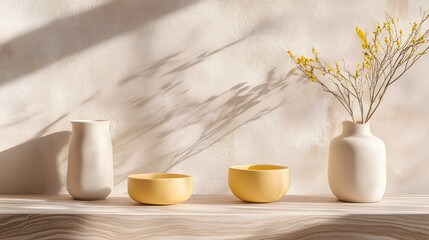 A chic arrangement featuring soft beige tones veined marble smooth light wood and bold yellow ceramics.