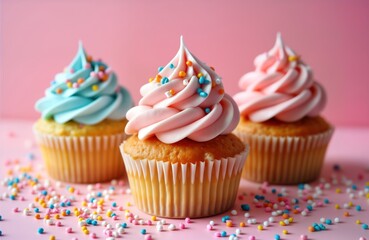 Three cupcakes stand on pink background. Pink, light blue frosting, colorful sprinkles. Look delicious, inviting. Cupcakes suggest celebration bake sale. Sweet treats in party atmosphere.
