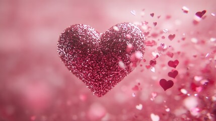Fototapeta premium Glittering Pink Heart Shines with Floating Mini Hearts in Background