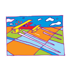 Crop duster airplane spraying a farm field illustration.