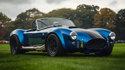A cobalt blue GoCoda sports car with glossy black accents resting elegantly on the green lawn of a rustic football field.