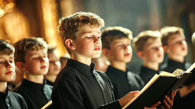 European boys and girls sing in unison, their faces lit with emotion, as the conductor guides them in a powerful hymn in the heart of a historic cathedral.