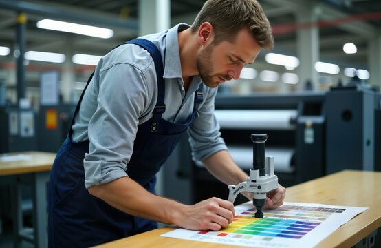 Man in uniform checks print color accuracy with spectrometer. Technician measures color swatches on large color chart. Pro working in print shop. Industrial printing process. Modern equipment, tech.