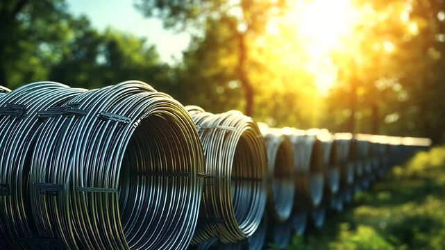 Steel wire rods arranged in precise rows stretch into the distance, with sunlight accentuating the gleaming curves of their coils.