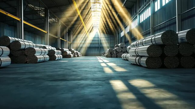 Steel wire rods stacked in symmetrical rows dominate the warehouse floor, with beams of sunlight casting intricate shadows on the concrete.