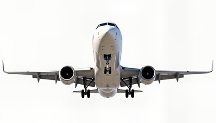 Isolated white airplane in flight. Modern jetliner shown. Aircraft in process of landing. White fuselage, metallic parts. Powerful engines visible. Plane isolated on transparent background. Excellent