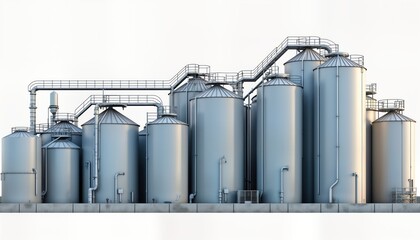 Industrial facility with many storage tanks, silos. Metal structures dominate scene. Complex system of pipes, access points connect tanks. Modern industrial design, likely grain storage similar