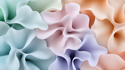 Fototapeta premium Soft edges and smooth shapes create a vibrant composition with flowing lines in light blue, orange, and pink hues, exuding modern elegance