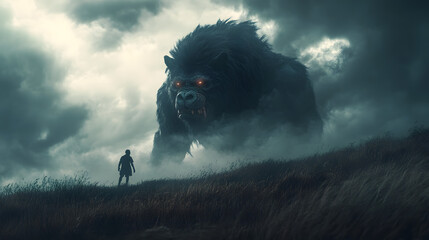 A colossal wolf tiger lion and gorilla encircling a person in a foggy forest their intense gaze locked on him.