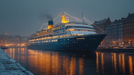 Cruise ship docked at night in a snowy city harbor.