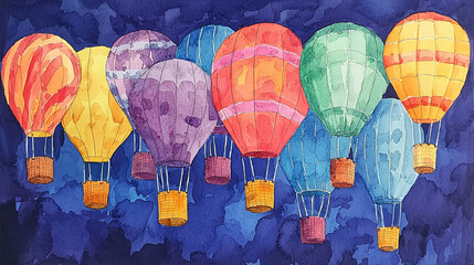 Colorful hot air balloons in vibrant watercolor painting against dark background