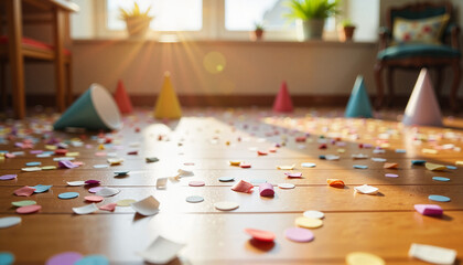Scattered confetti and party hats in sunlit room.