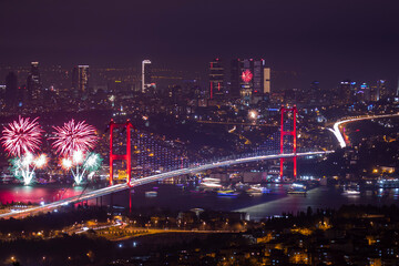 ISTANBUL, TURKEY. New Year 2024 Celebrations Around the Istanbul. Fireworks with Istanbul Bosphorus...