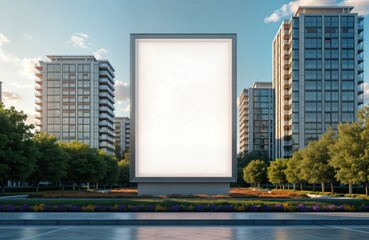 Empty billboard mockup on mall rooftop overlooking modern buildings, trees. Blank template for advertising information display in urban setting. Outdoor space with paved areas, landscaping. Potential