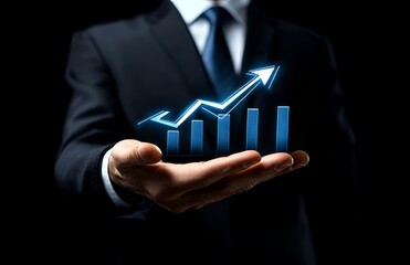 On development strategy chart, arrow symbolizing business growth with financial profit graph and target income growth.