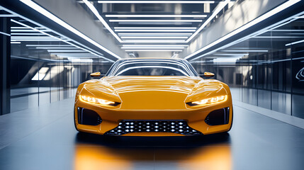 A concept sports car front view with ultra-modern geometric headlights on parked in a futuristic showroom.