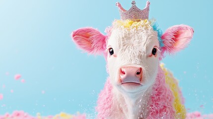 Fototapeta premium Cute pastel calf wearing a crown, splashing in colorful powder.
