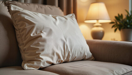 Cozy armchair with satin pillow in warm lamp light.