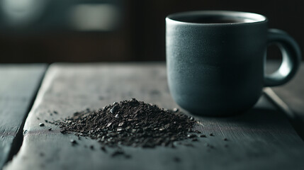 Schwarzer Kaffee in einer blauen Tasse auf einem rustikalen Holztisch

