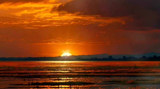 sunset with reflection of light in the swamp water,Seamless looping timelapse 4k video animation background