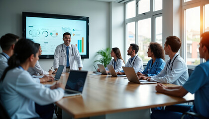 Diverse medical team gathers in conference room for meeting. Doctor leads discussion. Team members use laptops for notes, data analysis. Medical professionals discuss health issues, solutions.