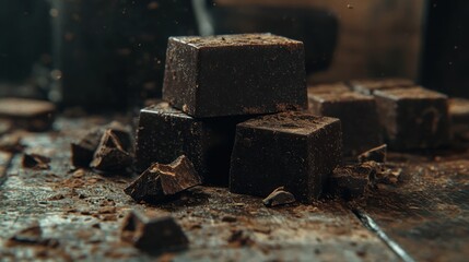 Dark chocolate cubes on wooden surface.