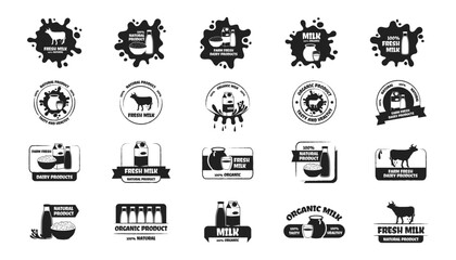 Eco, bio, organic and natural products sticker, label, badge and logo. Ecology icon. Black logo template for dairy products. Vector illustration