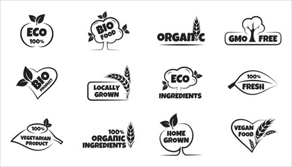 Eco, bio, organic and natural products sticker, label, badge and logo. Ecology icon. Black logo template for organic and eco-friendly products. Vector illustration