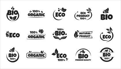 Eco, bio, organic and natural products sticker, label, badge and logo. Ecology icon. Black logo template for organic and eco-friendly products. Vector illustration