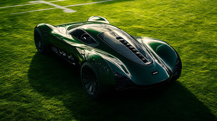 A deep green GoCoda sports car with black racing accents parked gracefully on a grunge football fields lush green lawn.
