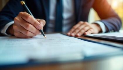 Person signs legal document. Hand holds pen, writes on form. Documents on table. Business pro works on estate planning. Preparation of legal papers for inheritance administration transfer. Lawyer