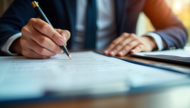 Person signs legal document. Hand holds pen, writes on form. Documents on table. Business pro works on estate planning. Preparation of legal papers for inheritance administration transfer. Lawyer