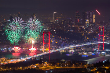 ISTANBUL, TURKEY. New Year 2024 Celebrations Around the Istanbul. Fireworks with Istanbul Bosphorus Bridge (15th July Martyrs Bridge). Camlica Hill very nice view Uskudar, Istanbul when time 00:00
