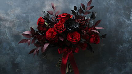 A dramatic monochromatic paper flower bouquet with deep red roses crimson peonies and dark foliage tied with a velvet ribbon.