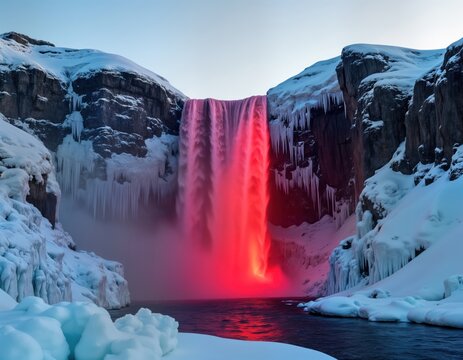 Stunning red waterfall cascades through icy landscape. Frozen cliffs, icicles frame winter wonderland. Dramatic winter scene in Antarctica. Waterfall flows into icy pool. Nature beauty in freezing