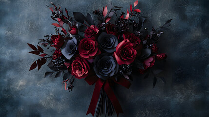 A dramatic monochromatic paper flower bouquet with deep red roses crimson peonies and dark foliage tied with a velvet ribbon.
