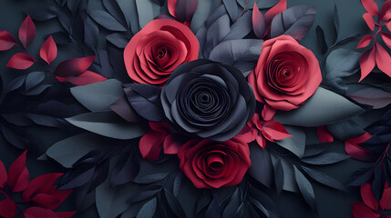 A dramatic paper flower bouquet with deep red roses and black foliage tied with a velvet ribbon.