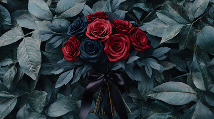 A dramatic paper flower bouquet with deep red roses and black foliage tied with a velvet ribbon.