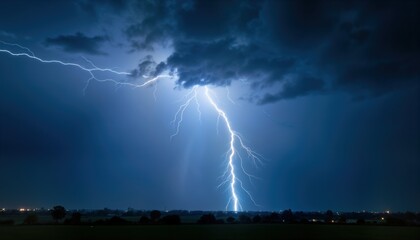 Powerful lightning bolt strikes dark sky over flat landscape. Storm clouds fill sky. Countryside scene at night. Dark ominous clouds gather above flat landscape of fields. Nature phenomenon.