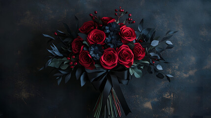 A dramatic paper flower bouquet with deep red roses and black foliage tied with a velvet ribbon.
