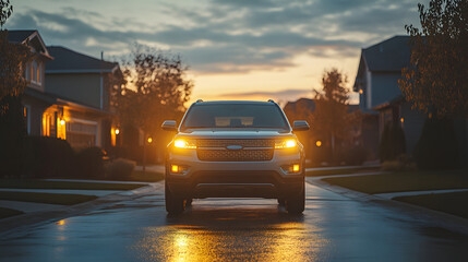 A family-friendly SUV front view with soft yellow headlights glowing warmly parked in a suburban driveway at dawn.
