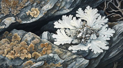 A delicate crustose lichen snuggles against weathered rock, its intricate patterns and textures a testament to the beauty of slow and subtle growth. Lichenous. Illustration