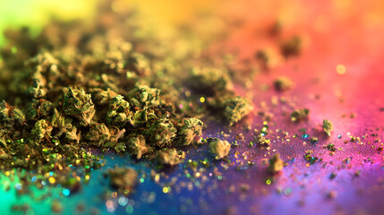 A dramatic pile of crushed weed and compact buds on a striking rainbow-colored surface.